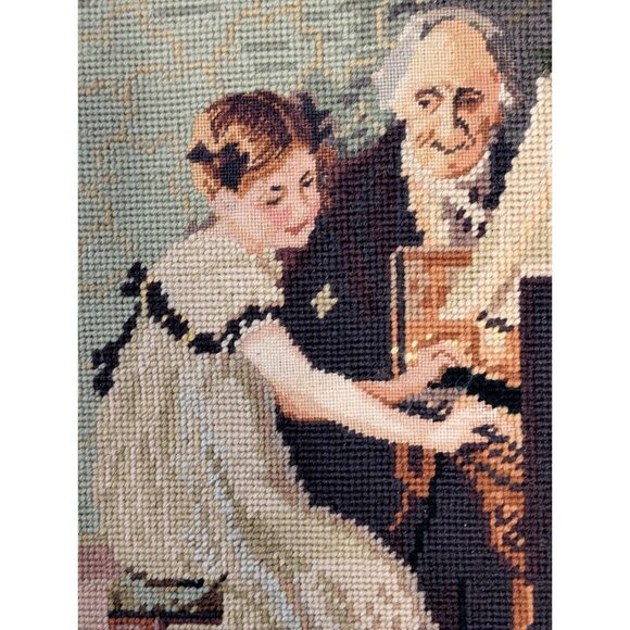 Vintage Needlepoint Tapestry Framed Art Piano lesson - Picture 6 of 16